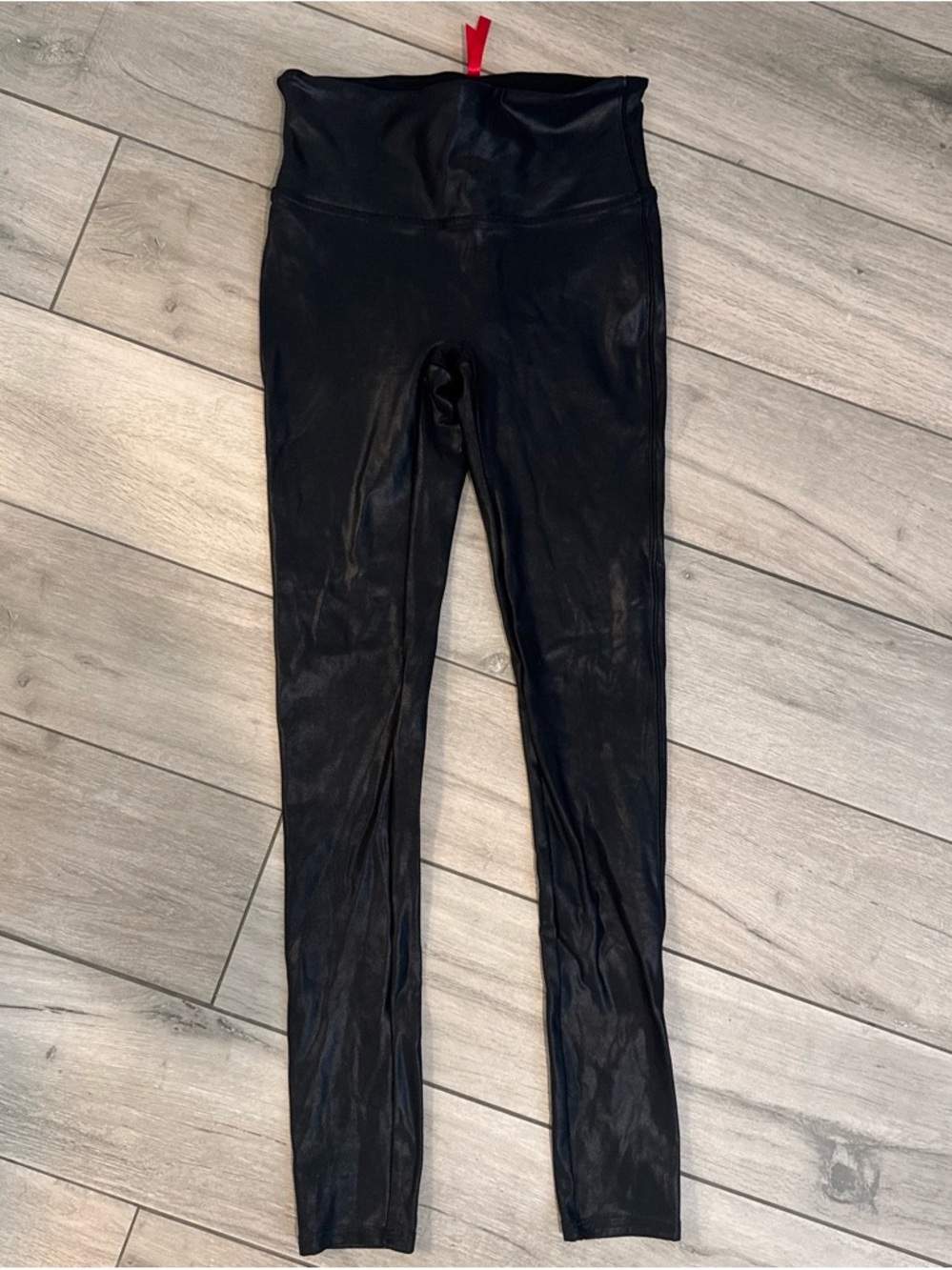 SPANX Black Faux Leather Leggings with Red Brand Tag